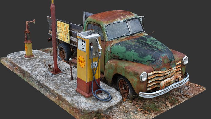 Old Truck and Gas Pumps (Raw Scan) 3D Model