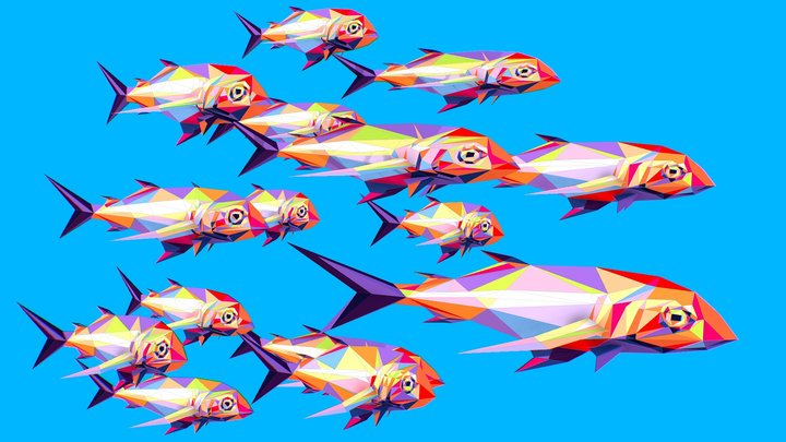 Animated Low Poly Pop Art Flock Sea Fish 3D Model
